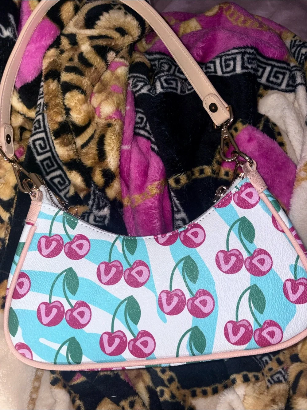 Von Dutch Cherry Print Shoulder Bag in Pink and Light Blue